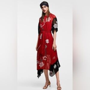 Zara Red Floral Asymmetrical Midi Dress with Black Accents